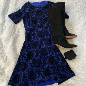 Land’s End Navy Black Velvet Flocked Fit and Flare Midi Dress Size Med 10-12